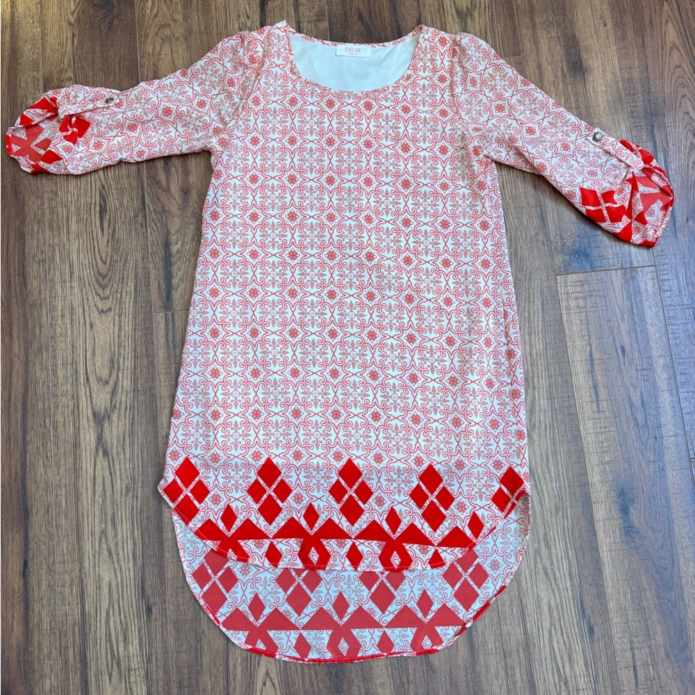 Peach Love California Red and White Geometric Midi Dress